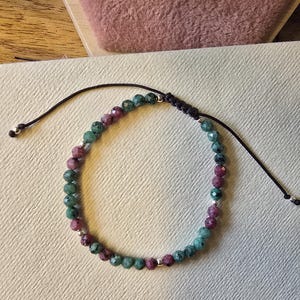 Handmade Ruby Zoisite Bracelet, Faceted Natural Red Green Gemstones, Sterling Silver Accents, Adjustable Cord Jewelry