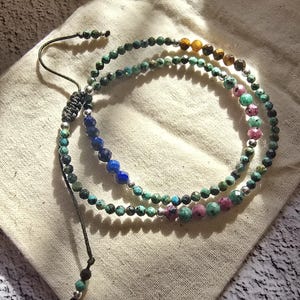 Faceted African Turquoise Ruby Zoisite Lapis Tiger's Eye Double-Wrap Bracelet, 925 Silver Multi Gemstone Boho Adjustable Cord, Handmade NL