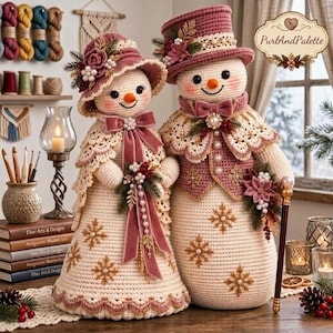 Pode incluir: Dois bonecos de neve em croché nos tons creme e rosa antigo. A figura da esquerda usa um chapéu de aba larga e uma capa com padrões de flocos de neve. A da direita usa cartola, colete e capa, segurando uma bengala. Ambos têm pérolas.