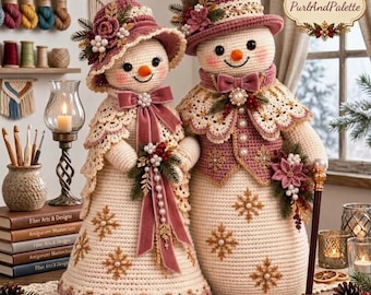 May include: Two crocheted snowmen figures in cream and dusty rose colors. The left figure wears a wide-brimmed hat and cape with snowflake patterns. The right figure wears a top hat, vest, and cape, holding a cane. Both feature pearl accents.