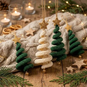 May include: Four spiral-shaped Christmas tree ornaments made of crocheted yarn. Two ornaments are dark green and two are cream-coloured. Each tree is topped with a small, crocheted gold star and features a tiny gold bead at the bottom point.