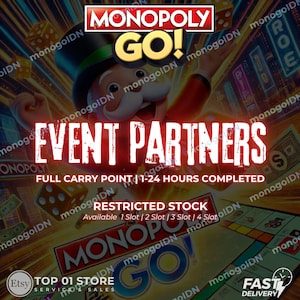 Może przedstawiać: Obraz promocyjny dla Monopoly Go! z maskotką gry, kostkami do gry i planszą. Tekst "EVENT PARTNERS" jest wyraźnie wyświetlany, wraz z innym tekstem wskazującym na funkcje gry i dostępność. Obraz ma dynamiczny, kolorowy design.