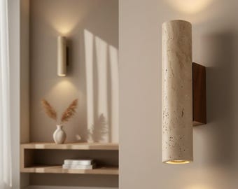 Travertine Wall Lamp, Wabi Sabi Sconce Light, Japandi Bedside Lighting, Natural Stone Wall Decor for Bedroom Hallway Living Room