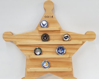 Wall Hanging Sheriff Badge / Star Challenge Coin Holder - Wood Display - Handmade wooden