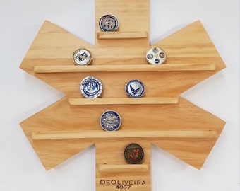 Wall Hanging Paramedic Star of Life Shield Badge Challenge Coin Holder - Wood EMS Display - Handmade wooden
