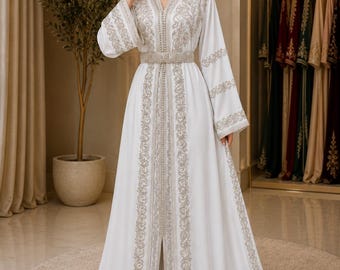Luxury White Moroccan Takchita,Silver Bridal Kaftan, Traditional Two-Piece Wedding Dress, Caftan de Mariage Marocain,Wedding Moroccan kaftan