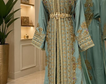 Luxury Sage Green Moroccan Caftan - Handmade Gold Embroidered Takchita Dress for Weddings, Engagements, and Formal Celebrations