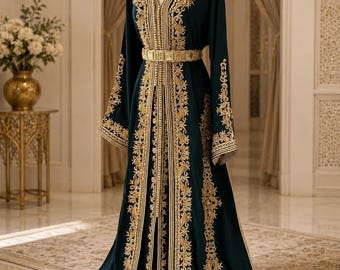 Dark Green Moroccan Caftan for Wedding and Engagement - Luxury Handmade Takchita with Gold Embroidery - Elegant Bridal Dress,Henna Caftan