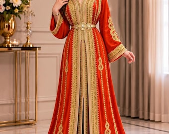Luxury Orange Moroccan Caftan with Gold Embroidery – Handmade Royal Takchita for Women,kaftan marocaine, caftan marroqui, moroccan bridal