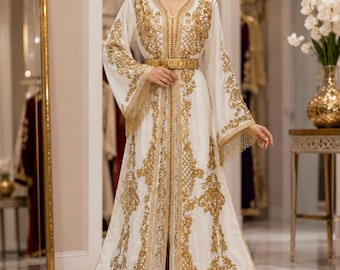 Biały marokański kaftan ślubny, ślubny, wieczorowy, złota haftowana sukienka Takchita dla panien młodych, ręcznie robiona złota Takchita dla kobiet, ślub