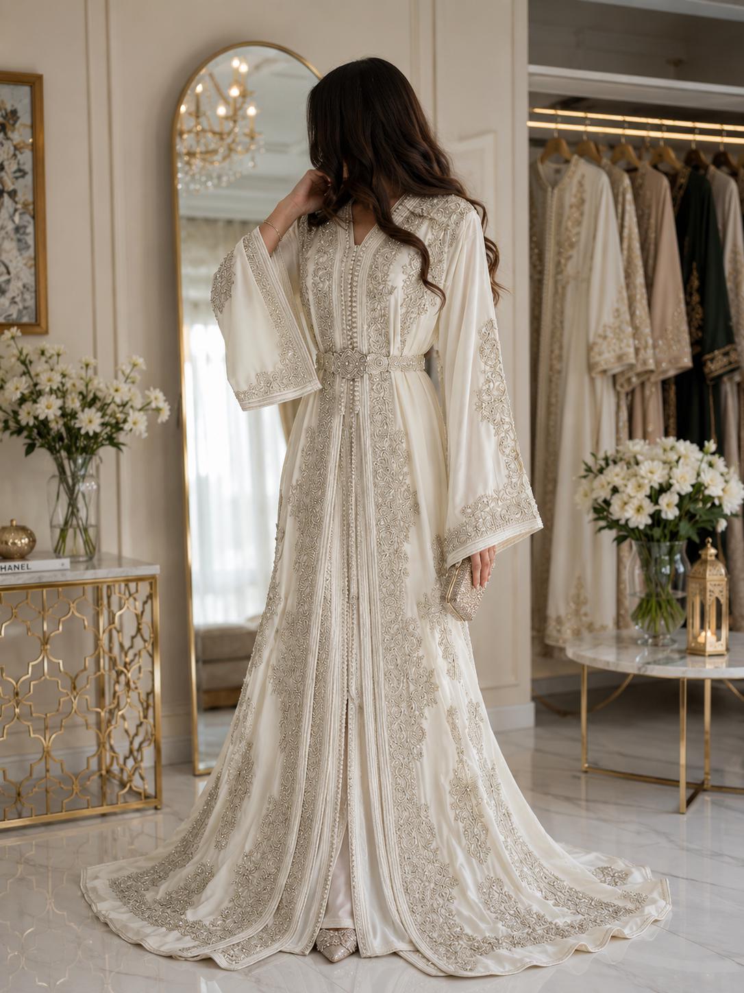 engagement dresses arab Rose Gold Silver Prom Dress, Long Sleeves Dubai Evening Dresses, Musli   Frisco Dresses