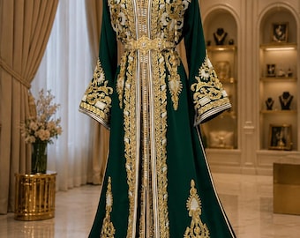 Luxus Emerald Grüner Marokkanischer Kaftan, Handgefertigtes Braut Takchita mit Gold Stickerei, Elegantes Hochzeits Kaftan Kleid für Frauen, Royal Marokkanisch