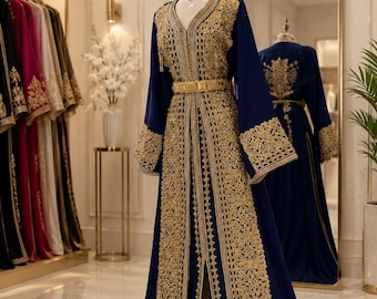 Royal Blau Marokkanischer Kaftan mit Gold Stickerei, Handgefertigter Kaftan Hochzeit, Verlobung, Henna Takchita für Frauen