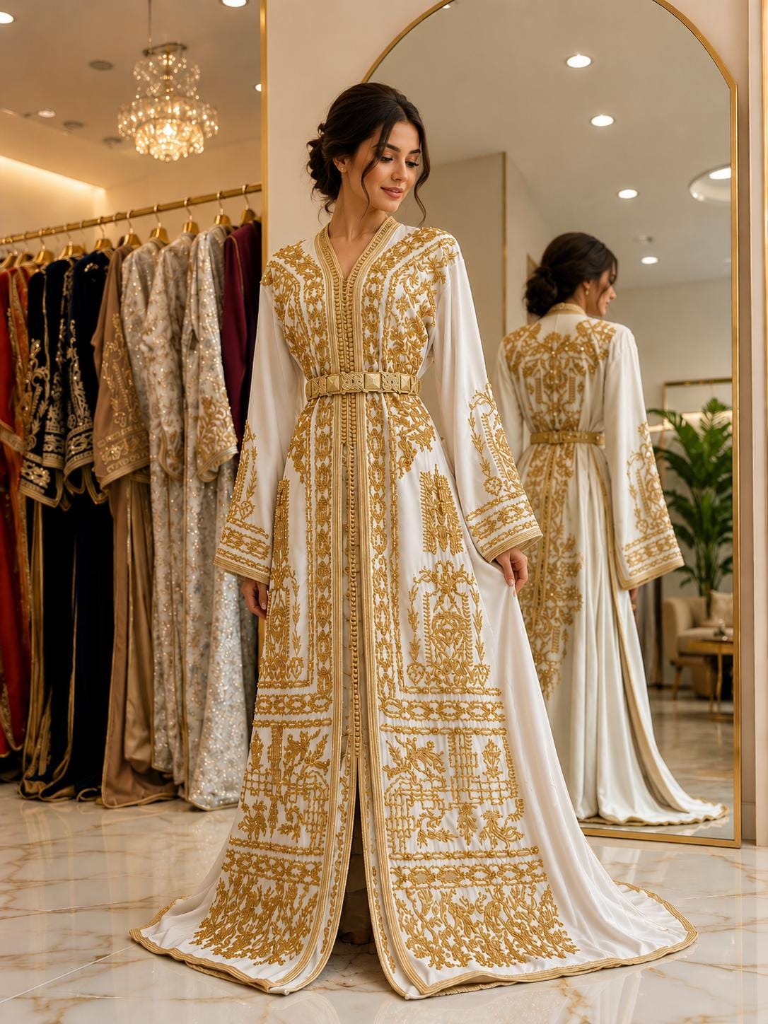 gold dress and caftan with cranes EMBELLISHED V-NECK CAFTAN IN LIGHT GOLD | CULT MIA main image 0