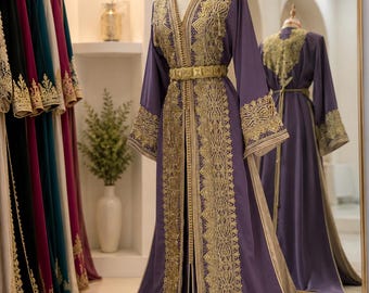 Luxury Purple Moroccan caftan with Gold Embroidery,  Wedding Takchita, Bridal Dress for Engagement & Nikkah, Traditional  Kaftan