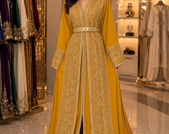 Luxury Mustard Moroccan Caftan, Handmade Gold Embroidered Takchita, Bridal Marocain Dress,Moroccan Caftan for Wedding, Engagement, Henna