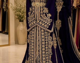 Luxury Purple Crepe Moroccan Caftan with Gold Embroidery, Handmade Takchita Dress for Wedding, Engagement, Eid, Nikkah,moroccan takchita