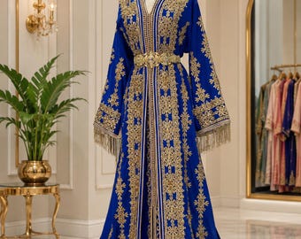Luksusowy królewski niebieski marokański kaftan ze złotym haftem, marokański kaftan, królewskie kaftany ślubne, zaręczyny, marokańska suknia ślubna, przyjęcie z henną