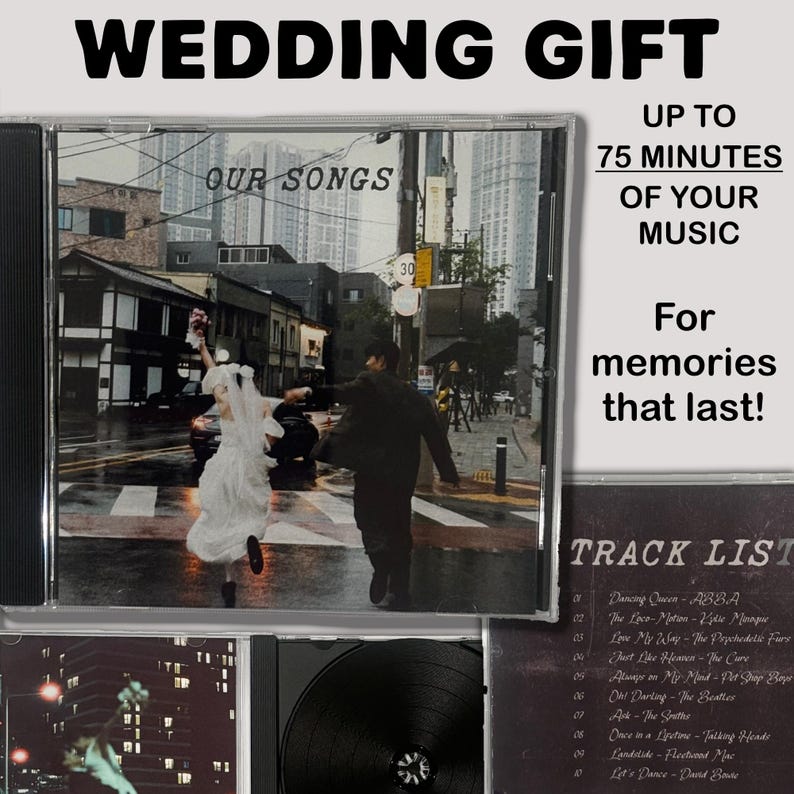 May include: A custom CD case featuring a wedding photograph of a couple running across a city street. The text reads WEDDING GIFT, UP TO 75 MINUTES OF YOUR MUSIC, For memories that last!, and TRACK LIST with ten song titles listed below.