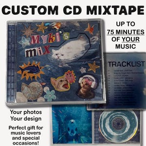 May include: Custom CD mixtape with a collage design featuring a cat, stars, and the text "Myki's mix." The CD case includes a tracklist and the text "Up to 75 minutes of your music." The image also includes the text "Your photos, Your design."