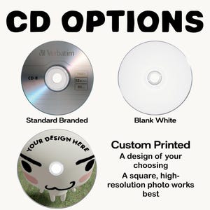 May include: Three CD options labeled CD OPTIONS. The first is a silver Verbatim CD-R labeled Standard Branded. The second is a plain white disc labeled Blank White. The third is a custom printed disc with a cartoon face and text labeled Custom Printed.