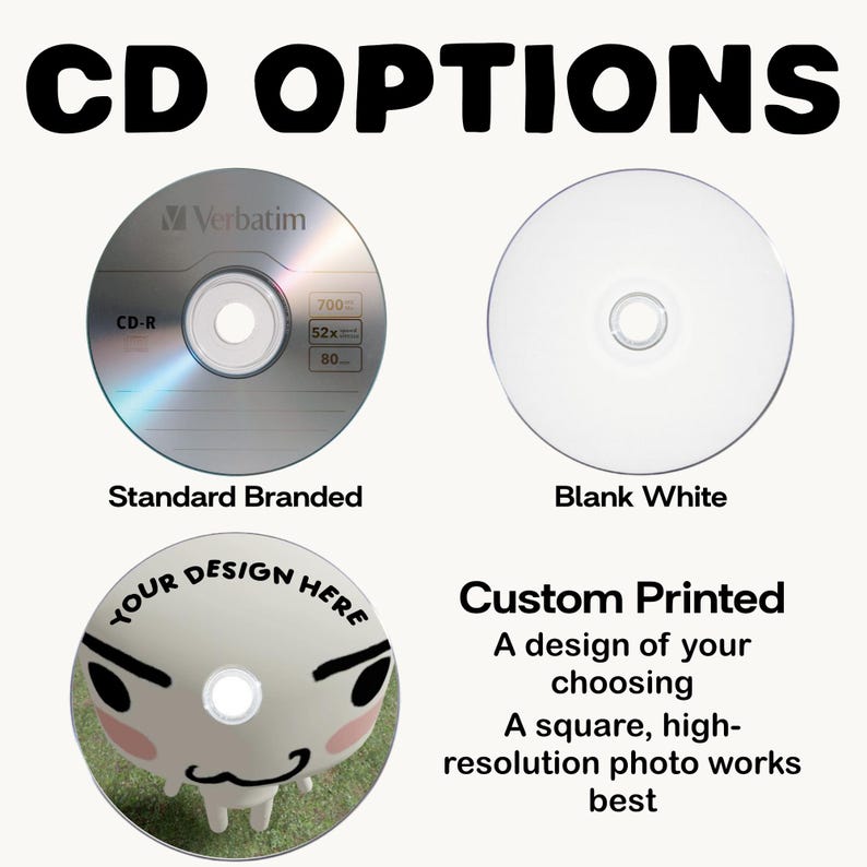 May include: Three CD options labeled CD OPTIONS. The first is a silver Verbatim CD-R labeled Standard Branded. The second is a plain white disc labeled Blank White. The third is a custom printed disc with a cartoon face and text labeled Custom Printed.