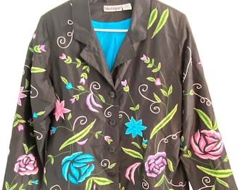 Vintage Silk Jacket Womens Large Floral Blutique Blazer Beaded Lined Buttons