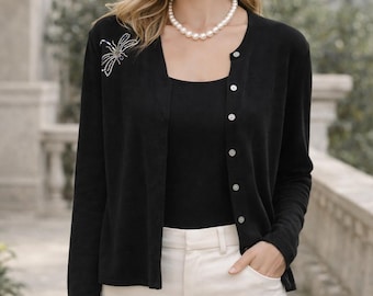 Vintage Cache Twinset Cardigan Tank S Rhinestone Dragonfly Old Money beaded set