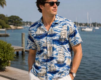 Vintage Kalaheo Hawaiian Shirt Men’s Large Blue Sailboat Aloha Camp Shirt Hawaii