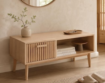 Couchtisch mit Lattenrost aus Eiche, Japandi Medienkonsole, minimalistisches Aufbewahrungsmöbel