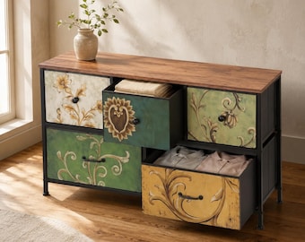 Vintage Floral Dresser, 5 Fabric Drawers, Industrial Wood Metal Cabinet