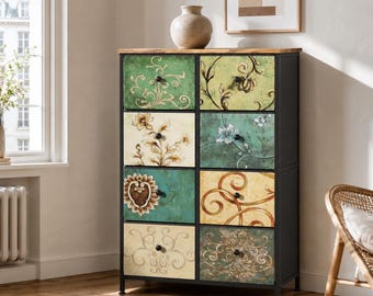 Vintage Floral Tall Dresser, 8 Drawer Storage Cabinet, Cottagecore Boho Farmhouse Furniture