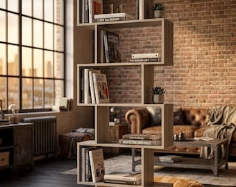 Asymmetrical Zig Zag Bookshelf | Scandinavian Japandi Wood Storage Unit