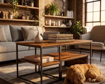 Industriële houten salontafel met opbergplank | Rustiek loft-woonkamermeubilair