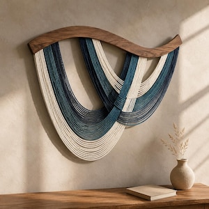 Op de afbeelding: Een wandhanger met een gebogen bovenstuk van donker hout en meerdere touwstrengen in crème, petrol en marineblauw, gedrapeerd in overlappende U-vormige patronen. De touwen zijn in secties vastgezet voor een gelaagd en vloeiend ontwerp.