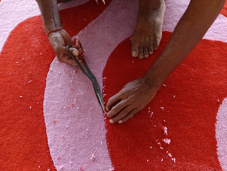 Pink Red Abstract Area Rug | Handmade Tufted Wool Rug | Modern Wavy ...