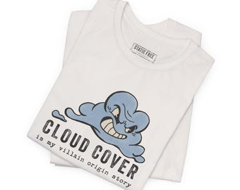 Camiseta divertida sobre teledetección: historia del origen del villano de la nube, camiseta con humor sobre SIG.