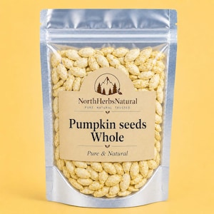 May include: A clear, resealable bag filled with whole pumpkin seeds. A brown label displays the text "NorthHerbsNatural" and "Pumpkin seeds Whole Pure & Natural" in black font. The background is a solid yellow.