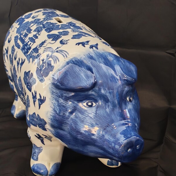 Jumbo 47cm Vintage Blue Willow Piggy Bank - Giant Chinoiserie Ceramic Statement Pig Money Box