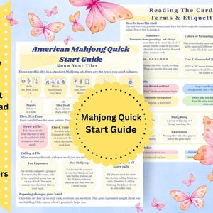 Könnte beinhalten: Eine Kurzanleitung für American Mahjong mit erklärenden Texten, Kachelillustrationen und Ablaufdiagrammen. Das Dokument enthält Abschnitte zum Lesen von Karten sowie Spielregeln und ist mit rosa Schmetterlingen im Aquarellstil verziert.