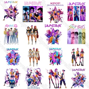 Peut inclure: Plusieurs œuvres d'art numériques avec les textes "HUNTRAX" et "KPOP DEMON HUNTERS". Les images présentent des illustrations stylisées de groupes de personnes aux couleurs vives, avec des étoiles et des motifs géométriques.