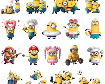 Minions PNG-bundel, schattige gele cartoon clipartset, grappig karakter sublimatie digitale downloadcollectie