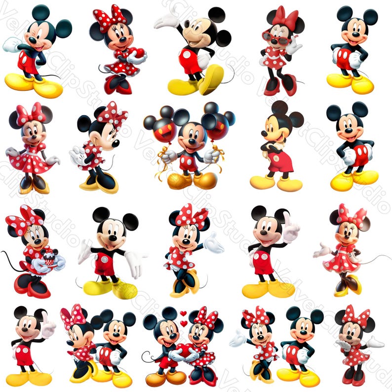 May include: A collection of cartoon images featuring Mickey Mouse and Minnie Mouse. Mickey is wearing red shorts, a red jacket, and yellow shoes. Minnie is wearing a red dress with white polka dots and a red bow. The images are in various poses.