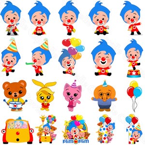 Può includere: Una collezione di personaggi dei cartoni animati colorati, tra cui un clown con i capelli blu e il naso rosso, un orso che suona la batteria e un gatto rosa con un cappello da festa. Sono presenti anche palloncini e un autobus.