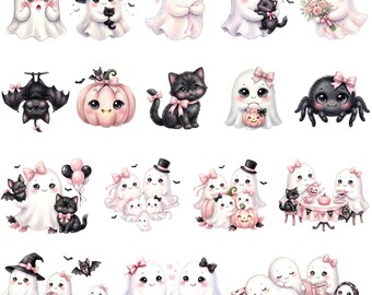 Cute Spooky Halloween Ghost PNG Bundle, 25 Kawaii Halloween PNG Files, Pastel Halloween Digital Download