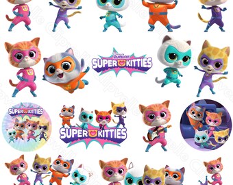 SuperKitties png-bundel, 20 schattige cartoon cliparts, kinderfeestje png-collectie, transparante digitale download