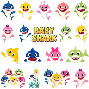 May include: A collection of Baby Shark character illustrations featuring various sharks in blue, yellow, pink, and green. The sharks are depicted with smiling expressions, some wearing bows or mustaches. The text BABY SHARK is centered in yellow and orange.