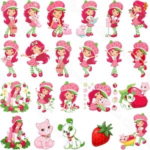Puede incluir: Una colección de ilustraciones de dibujos animados con un personaje de pelo rojo, un sombrero de fresa rosa y un vestido rosa. El personaje se muestra en varias poses, a menudo con mascotas como gatos y perros, y fresas.