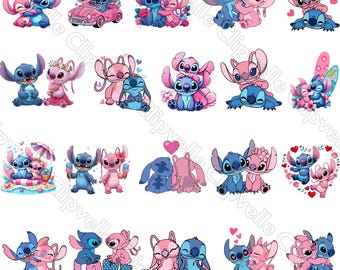 Stitch & Angel png-bundel, cute cartoon alien clipartpakket, kawaii liefde png-bestanden, bundel sublimatieontwerpen