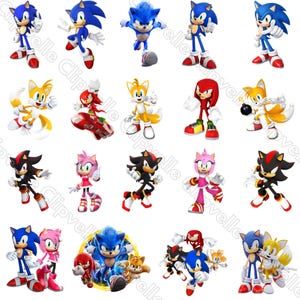 May include: A selection of cartoon character figures, including Sonic the Hedgehog, Tails, Knuckles, Amy Rose, and Shadow. The characters are in various action poses, with vibrant blue, red, yellow, and pink hues. The image is on a white background.